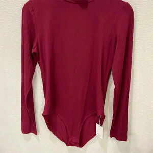 MANGOROR Women's Mock Neck Bodysuit Long Sleeve Burgundy Size M